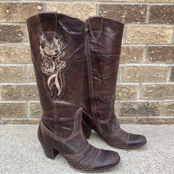 💙Siren by Mark Nason  Rose Embroidered Brown Leather Cowboy Boots - Picture 10 of 16